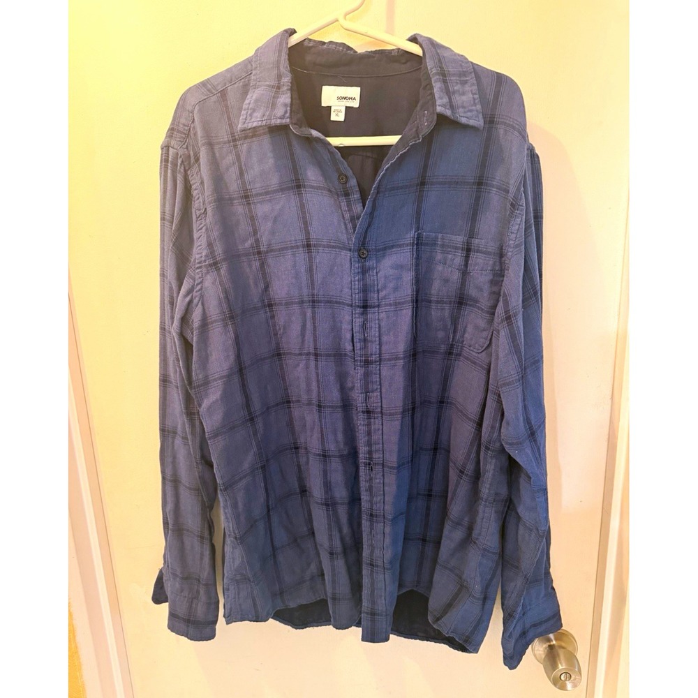 Sonoma Men's Blue Plaid Long Sleeve Collared Button-Up Shirt w/ Pockets XL